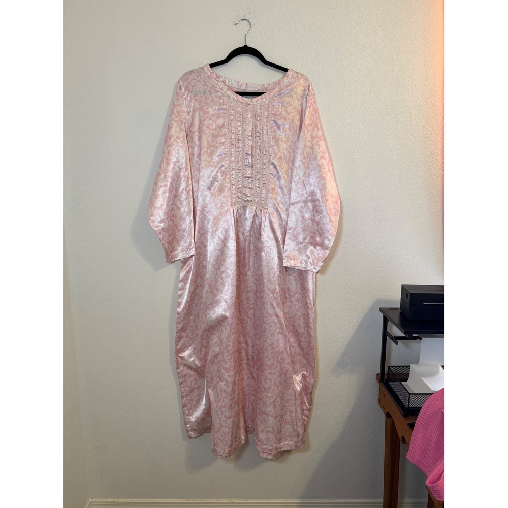 Only Necessities Grandma Core Pink Lace Trim Nightgown Long Sleeve Maxi 1X